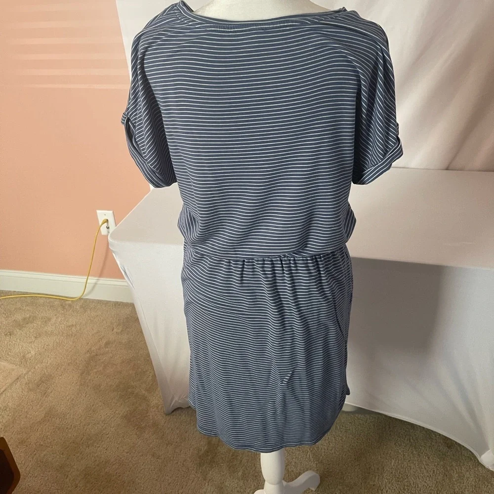 Striped Drawstring Waist Casual Dress - Blue & White - Picture 3 of 3